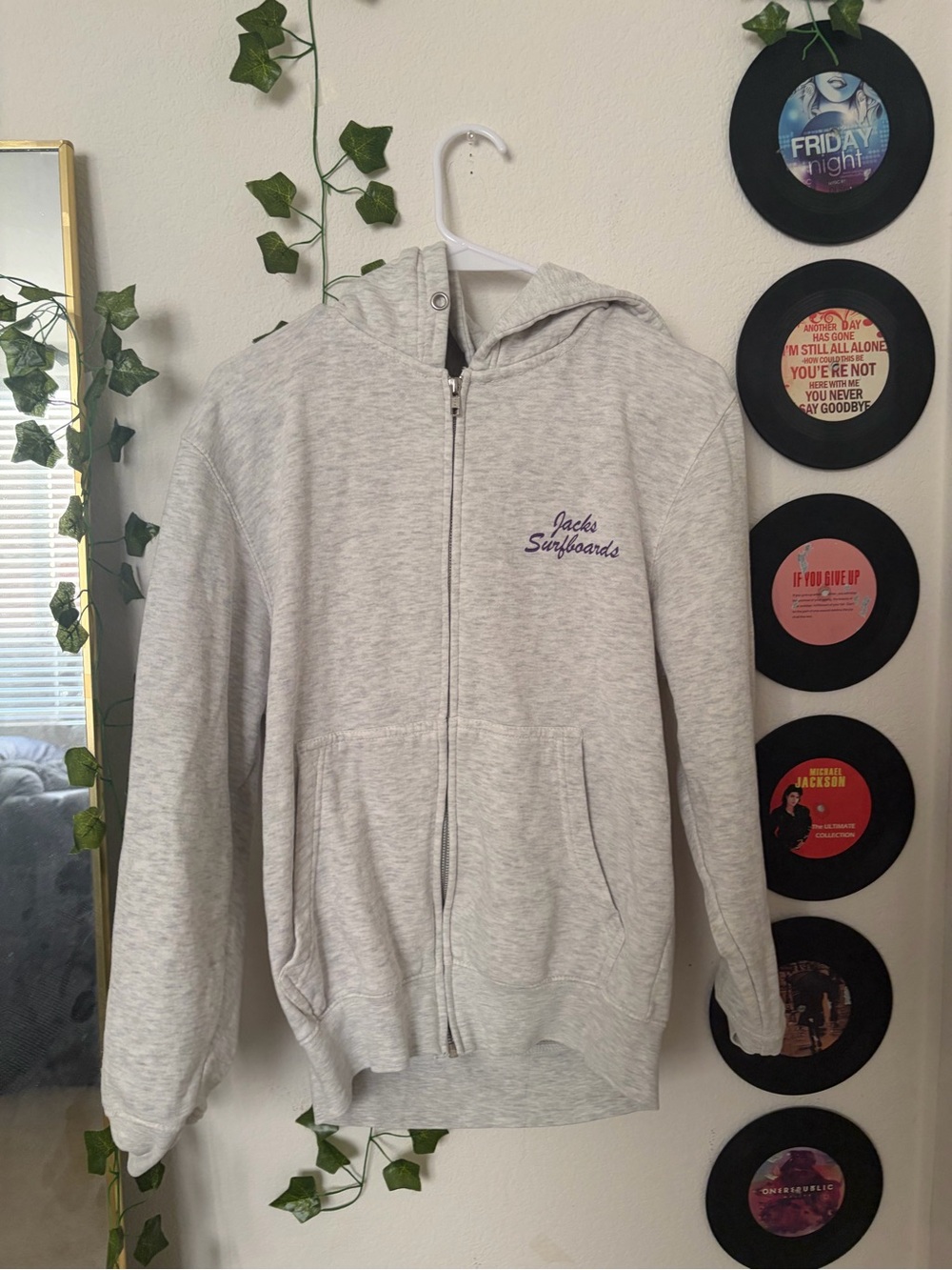 Jack by BB Dakota Heather Gray Hooded Zip Jacket with Purple Script